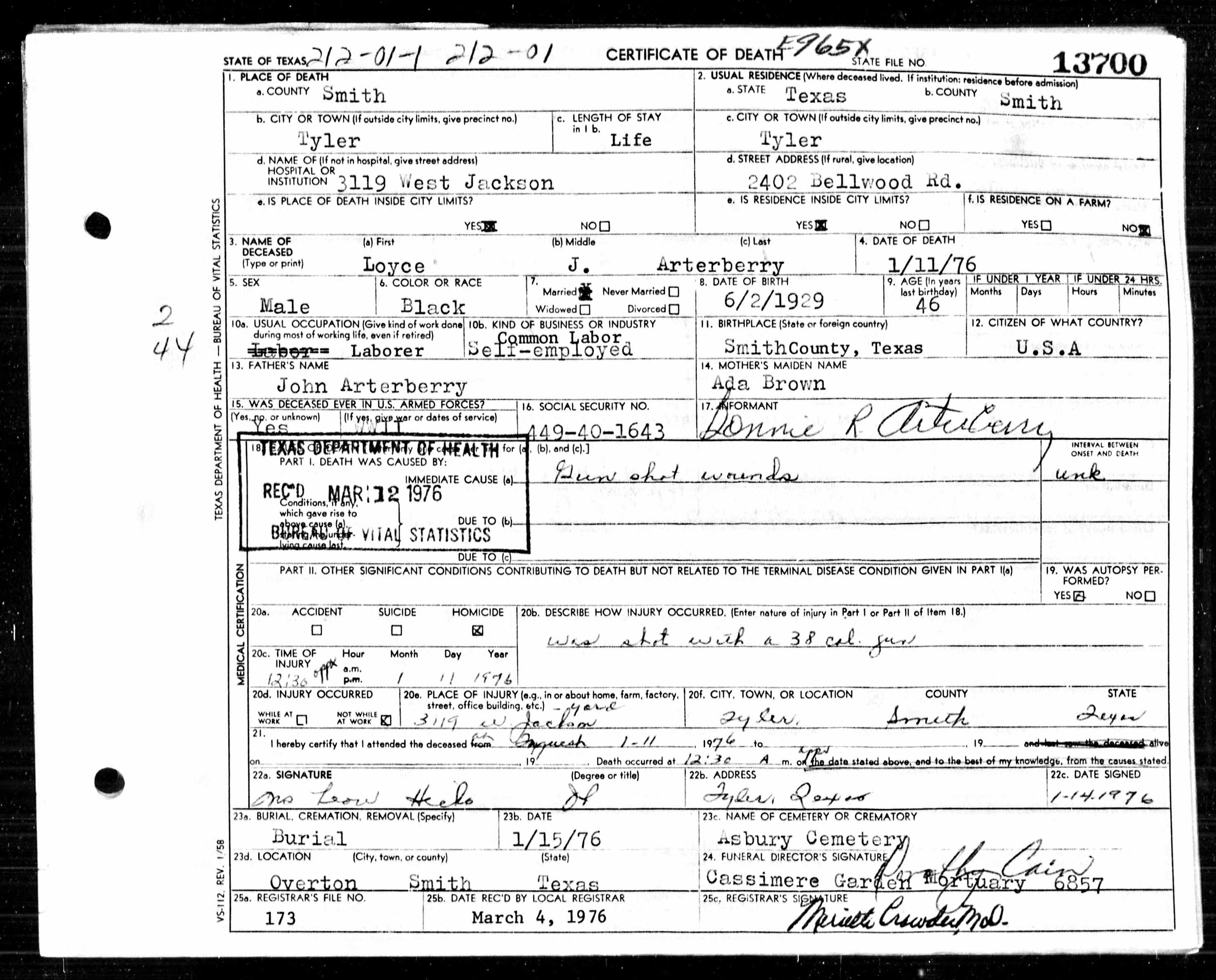 Loyce Arterberry's Death Certificate - Smith County Historical Society